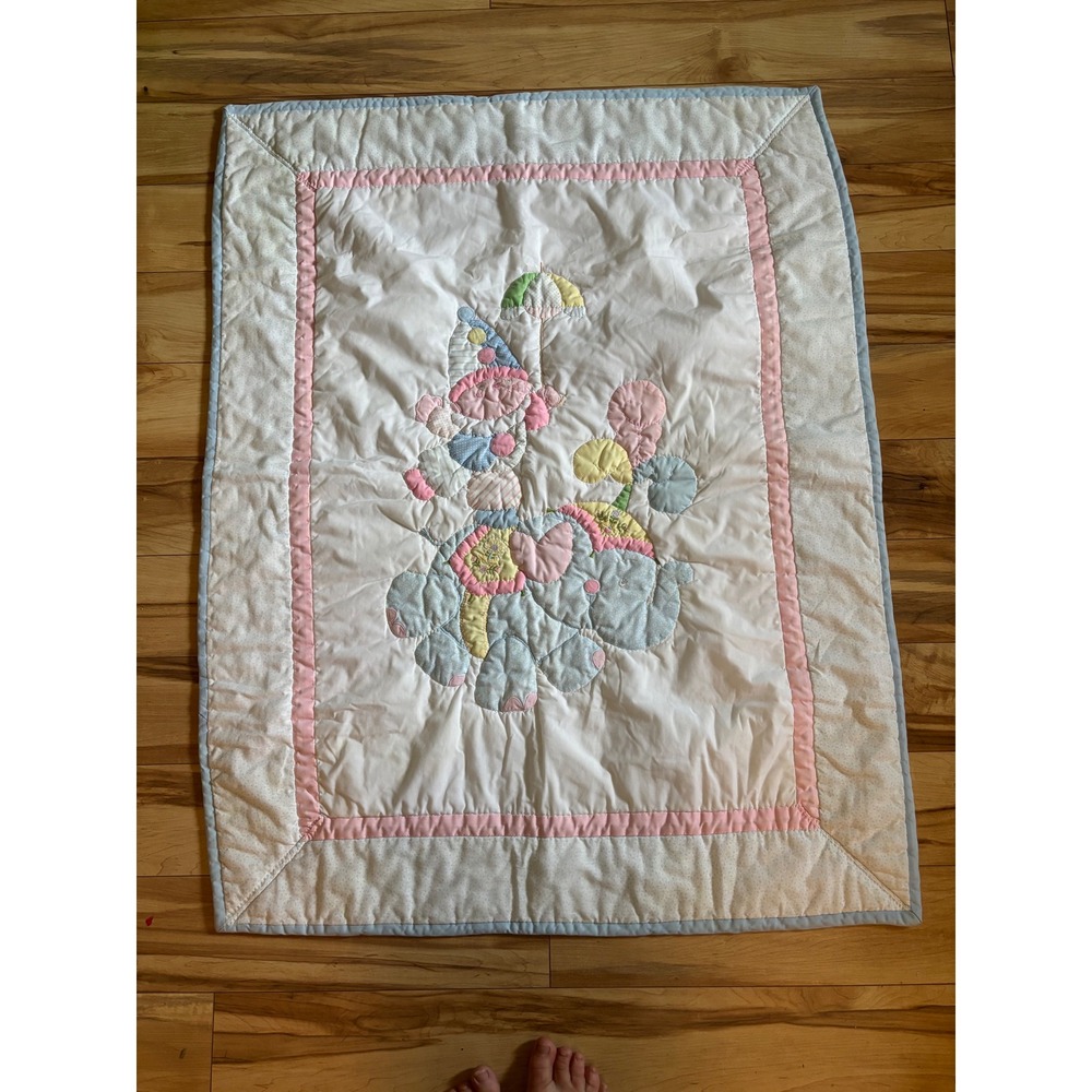 Vintage House of Hatten Baby Quilt Elephant Clown‎ Circus Pastel Patchwork White